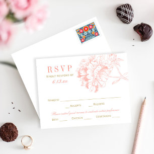 Elegant Coral and Gold Floral Peony Wedding RSVP Kaartje