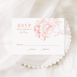 Elegant Coral and Gold Floral Peony Wedding RSVP Kaartje