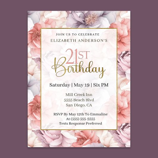 Elegant Coral and Lavender Peony 21st Birthday  Kaart
