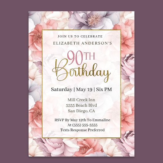 Elegant Coral and Lavender Peony 90th Birthday Kaart