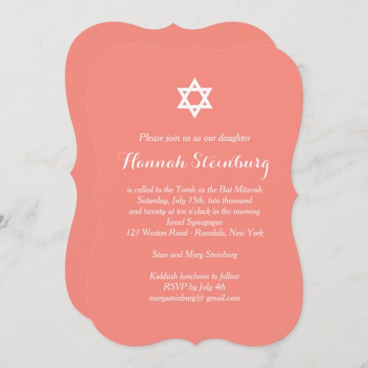 Elegant Coral Bat Mitzvah Uitnodiging (Voorkant / Achterkant)