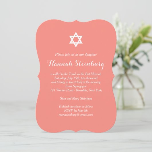 Elegant Coral Bat Mitzvah Uitnodiging (Staand voorkant)