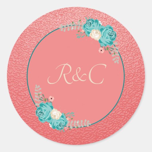 Elegant Coral Blue Flowers Ronde Sticker (Voorkant)