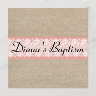 Elegant Coral Burlap Lace Baptism Invitation Kaart