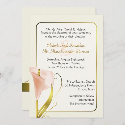 Elegant Coral Calla Lily Wedding Invitation Kaart (Voorkant / Achterkant)