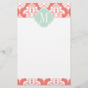 Elegant Coral Damask gepersonaliseerd Briefpapier