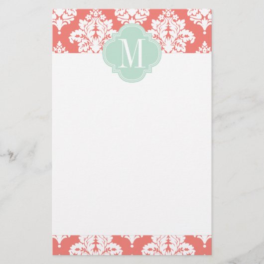 Elegant Coral Damask gepersonaliseerd Briefpapier (Voorkant)