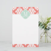 Elegant Coral Damask gepersonaliseerd Briefpapier (Staand voorkant)