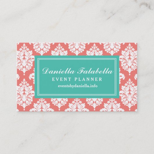 Elegant Coral Damask gepersonaliseerd Visitekaartje (Voorkant)