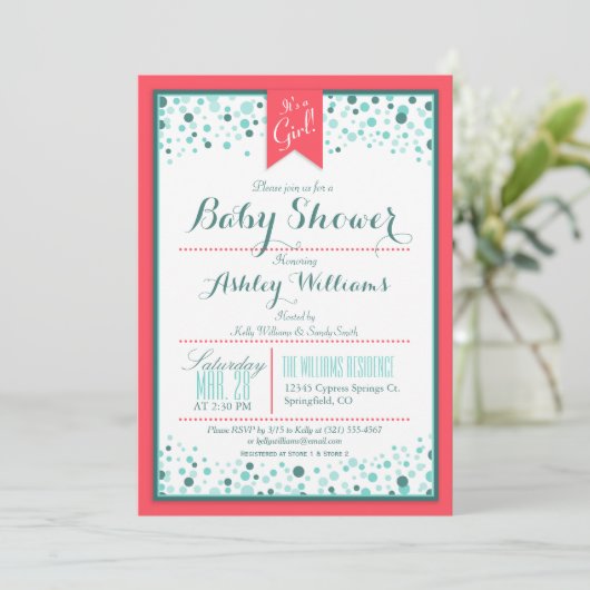 Elegant Coral en Aqua Confetti Baby shower Kaart (Staand voorkant)