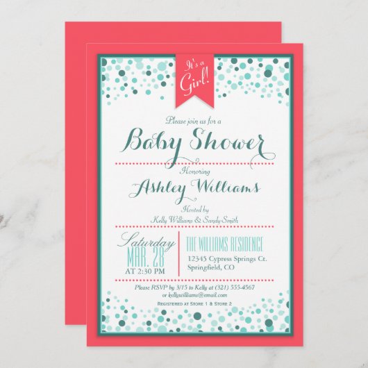 Elegant Coral en Aqua Confetti Baby shower Kaart (Voorkant / Achterkant)