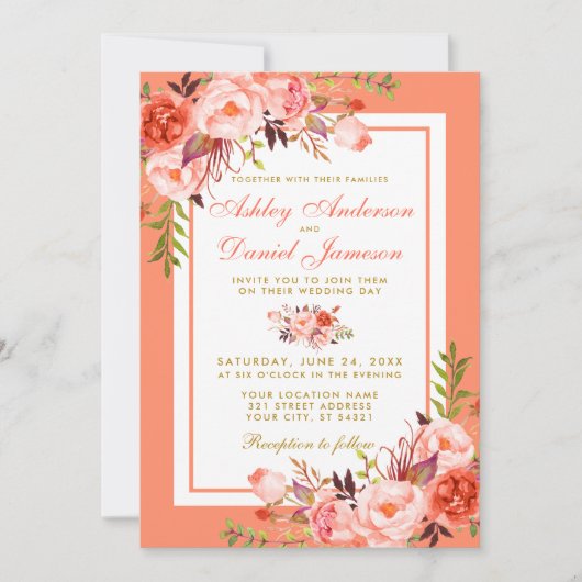Elegant Coral Floral and Gold Wedding Invitation Kaart (Voorkant)