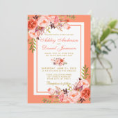 Elegant Coral Floral and Gold Wedding Invitation Kaart (Staand voorkant)