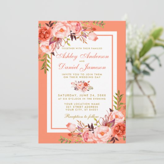 Elegant Coral Floral and Gold Wedding Invitation Kaart (Staand voorkant)
