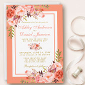 Elegant Coral Floral and Gold Wedding Invitation Kaart