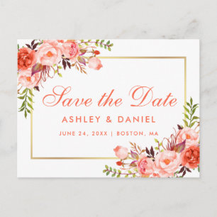 Elegant Coral Floral Gold Save the Date Aankondigingskaart