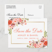 Elegant Coral Floral Gold Save the Date Aankondigingskaart (Voorkant / Achterkant)