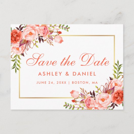 Elegant Coral Floral Gold Save the Date Aankondigingskaart (Voorkant)
