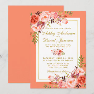Elegant Coral Floral Gold Wedding Invitation Kaart
