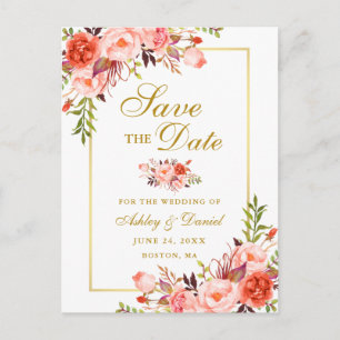 Elegant Coral Floral Save the Date Gold Aankondigingskaart