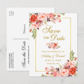 Elegant Coral Floral Save the Date Gold Aankondigingskaart (Voorkant / Achterkant)