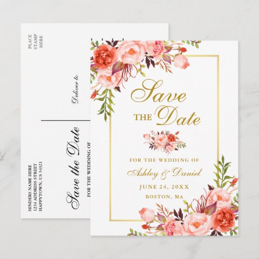 Elegant Coral Floral Save the Date Gold Aankondigingskaart (Voorkant / Achterkant)