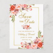 Elegant Coral Floral Save the Date Gold Aankondigingskaart (Voorkant)