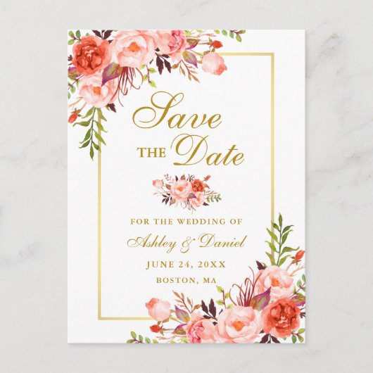 Elegant Coral Floral Save the Date Gold Aankondigingskaart (Voorkant)