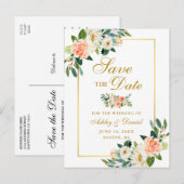 Elegant Coral Floral Save the Date Gold Aankondigingskaart (Voorkant / Achterkant)