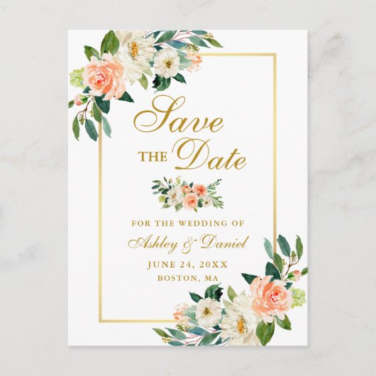 Elegant Coral Floral Save the Date Gold Aankondigingskaart (Voorkant)