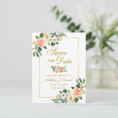 Elegant Coral Floral Save the Date Gold Aankondigingskaart (Staand voorkant)