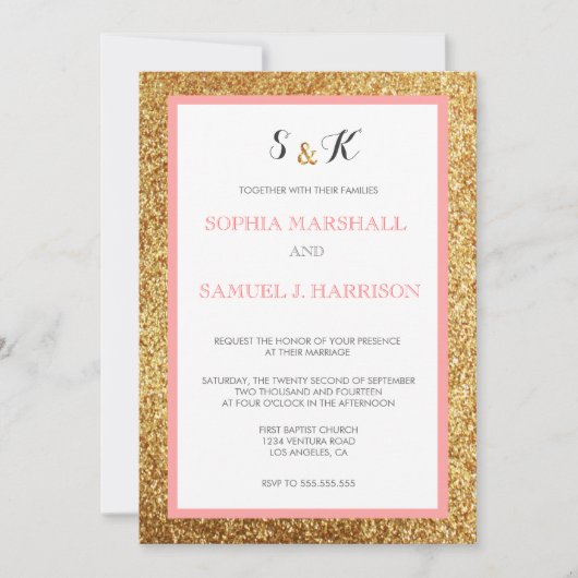 Elegant Coral Glitter Gold Wedding Uitnodiging (Voorkant)