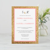 Elegant Coral Glitter Gold Wedding Uitnodiging (Staand voorkant)