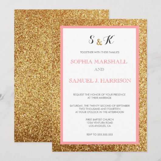Elegant Coral Glitter Gold Wedding Uitnodiging (Voorkant / Achterkant)