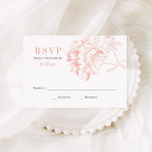 Elegant Coral Gray Floral Peony Wedding RSVP Kaartje