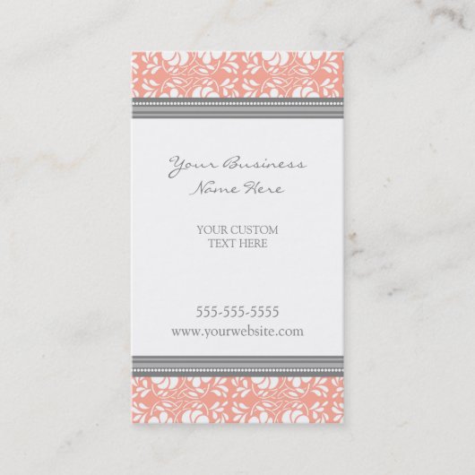 Elegant Coral Grey Damask Visitekaartjes (Voorkant)