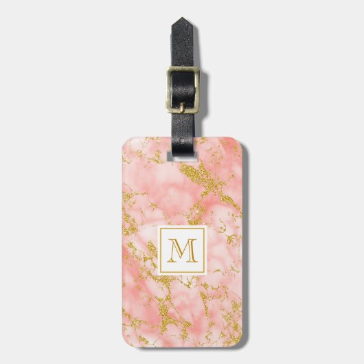 Elegant Coral Marble Monogram Faux Gold Glitter Bagagelabel (Voorkant verticaal)
