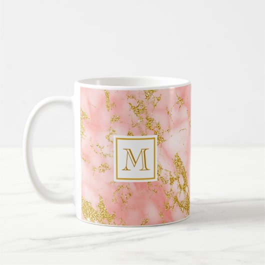 Elegant Coral Marble Monogram Faux Gold Glitter Koffiemok (Links)