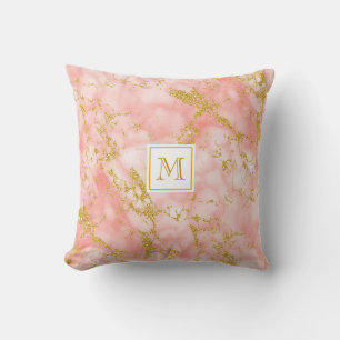 Elegant Coral Marble Monogram Faux Gold Glitter Kussen