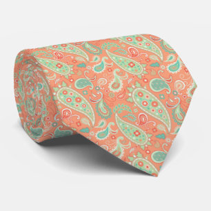Elegant Coral & Mint Green Floral Paisley Stropdas