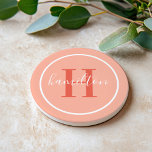 Elegant Coral Oranje Custom Monogram Initiaal Zandsteen Onderzetter<br><div class="desc">Het Elegant ronde gepersonaliseerde ontwerp van het onderzetter van de drink van de drank kenmerkt een klassiek initiaal van de douanesusserif in rood sinaasappel met uw familienaam in modern wit calligrafiemanuscript tegen een koraal/perachy roze achtergrond. Een eenvoudige witte cirkel lijst het ontwerp. Het kleurenschema kan worden aangepast om perfect met...</div>
