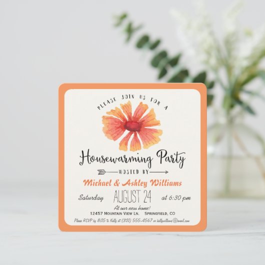 Elegant Coral Oranje Floral Housewarming Party Kaart (Staand voorkant)