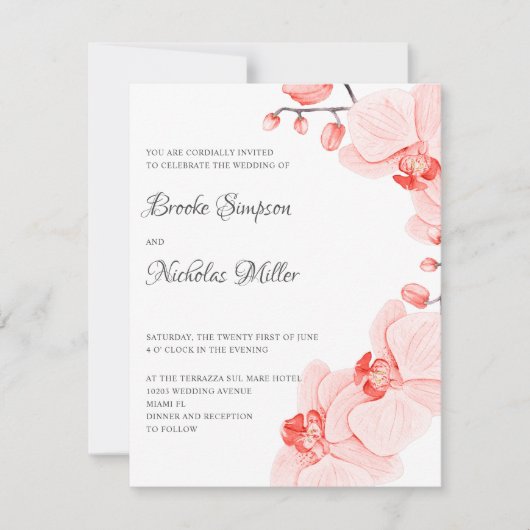 Elegant Coral orchid Elegant Botanical Wedding Kaart (Voorkant)