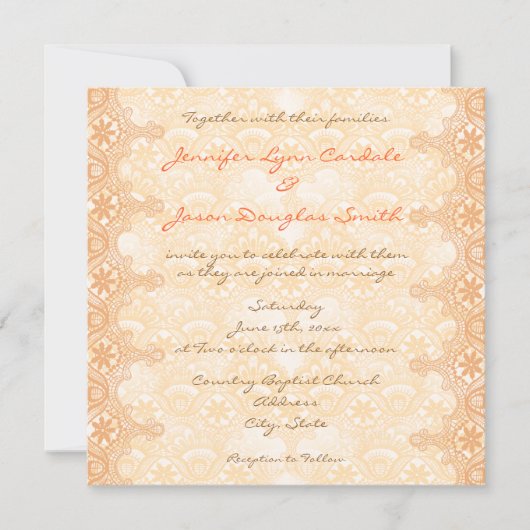 Elegant Coral Peach Lace Damask Wedding Invitation Kaart (Voorkant)