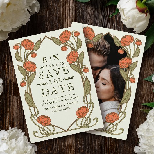 Elegant Coral Peony Art Nouveau Floral Wedding Save The Date