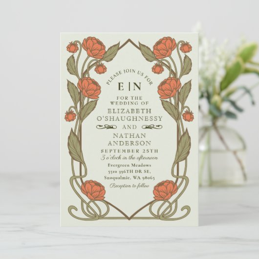 Elegant Coral Peony Art Nouveau QR Code Wedding Kaart (Staand voorkant)