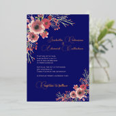 Elegant Coral Peony Floral Wreath Navy Wedding Folie Uitnodiging (Staand Voorkant)