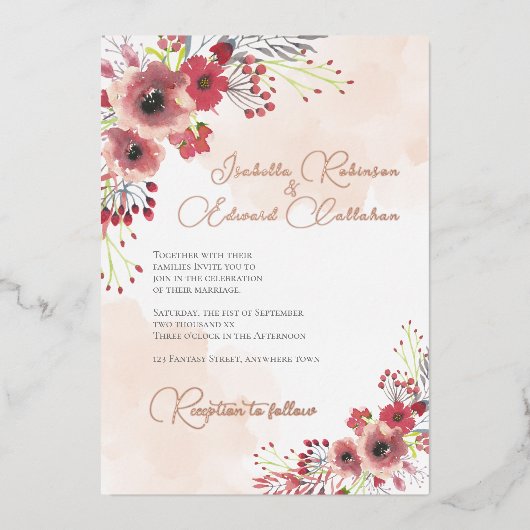 Elegant Coral Peony Floral Wreath Wedding Folie Uitnodiging (Voorkant)