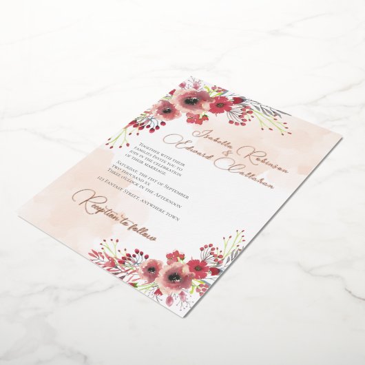 Elegant Coral Peony Floral Wreath Wedding Folie Uitnodiging