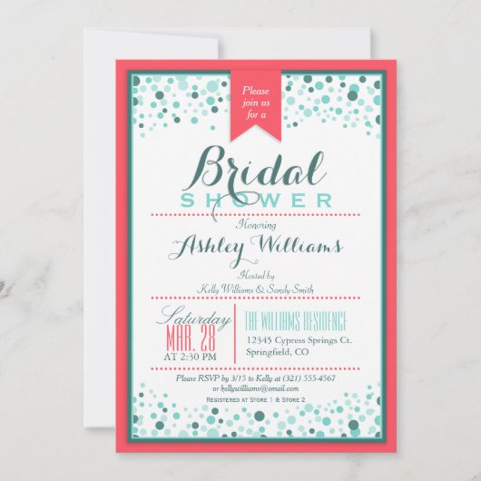 Elegant Coral Pink; Aqua Confetti Vrijgezellenfees Kaart (Voorkant)